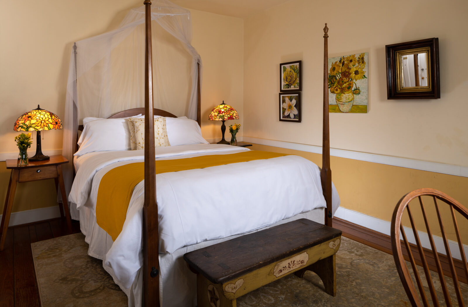 The Yellow Room features a four poster bed at our Ephrata Bed and Breakfast.