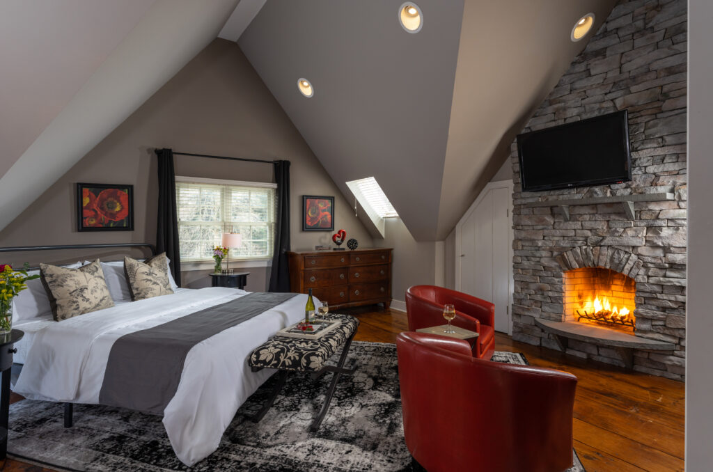 Smithton Gables Room at our Bed and Breakfast near Lancaster includes a King Bed, fireplace,, seating and more.