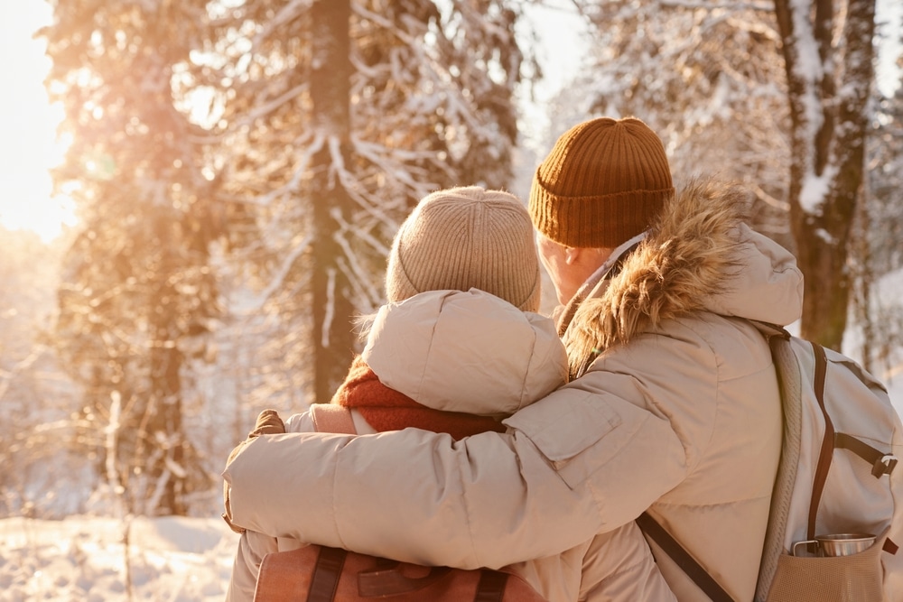 Couple enjoying winter scenery during their romantic getaways in Pennsylvania in Lancaster County